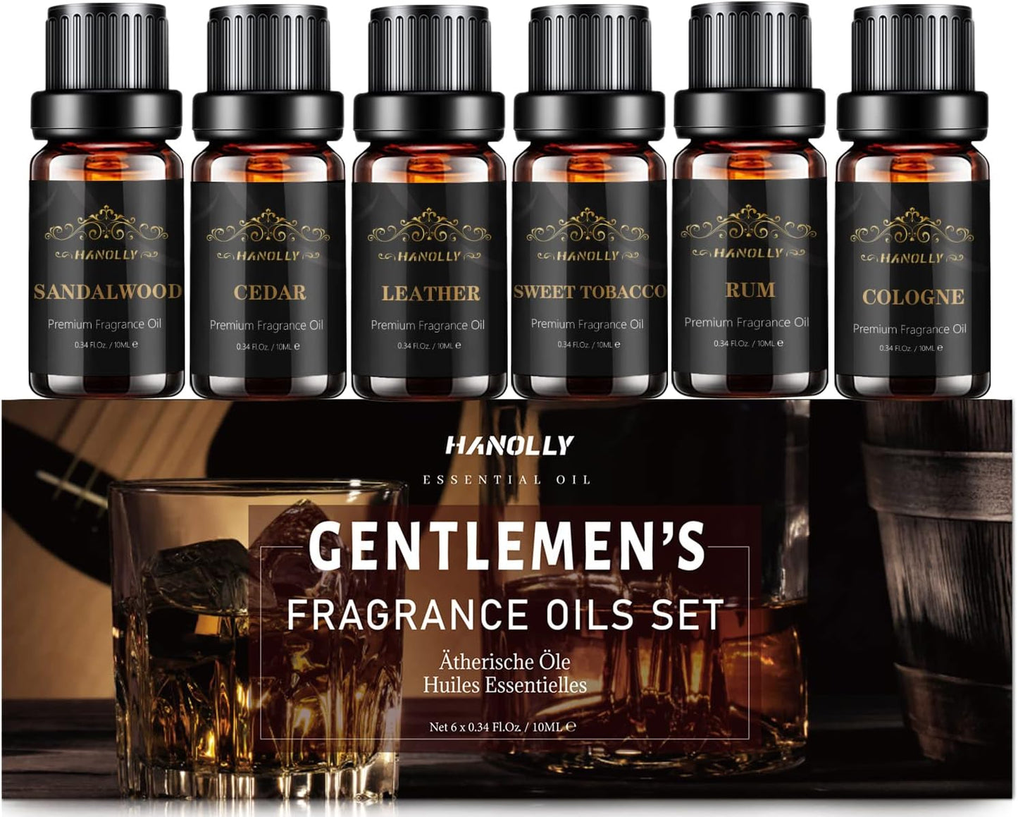 Essential Oils Set, Men Scents Fragrance Oil Aromatherapy Essential Oils Kit for Diffuser (6x10ML) - Sandalwood, Cedar, Leather, Sweet Tobacco, Rum, Cologne Aromatherapy Oil Gift for Men