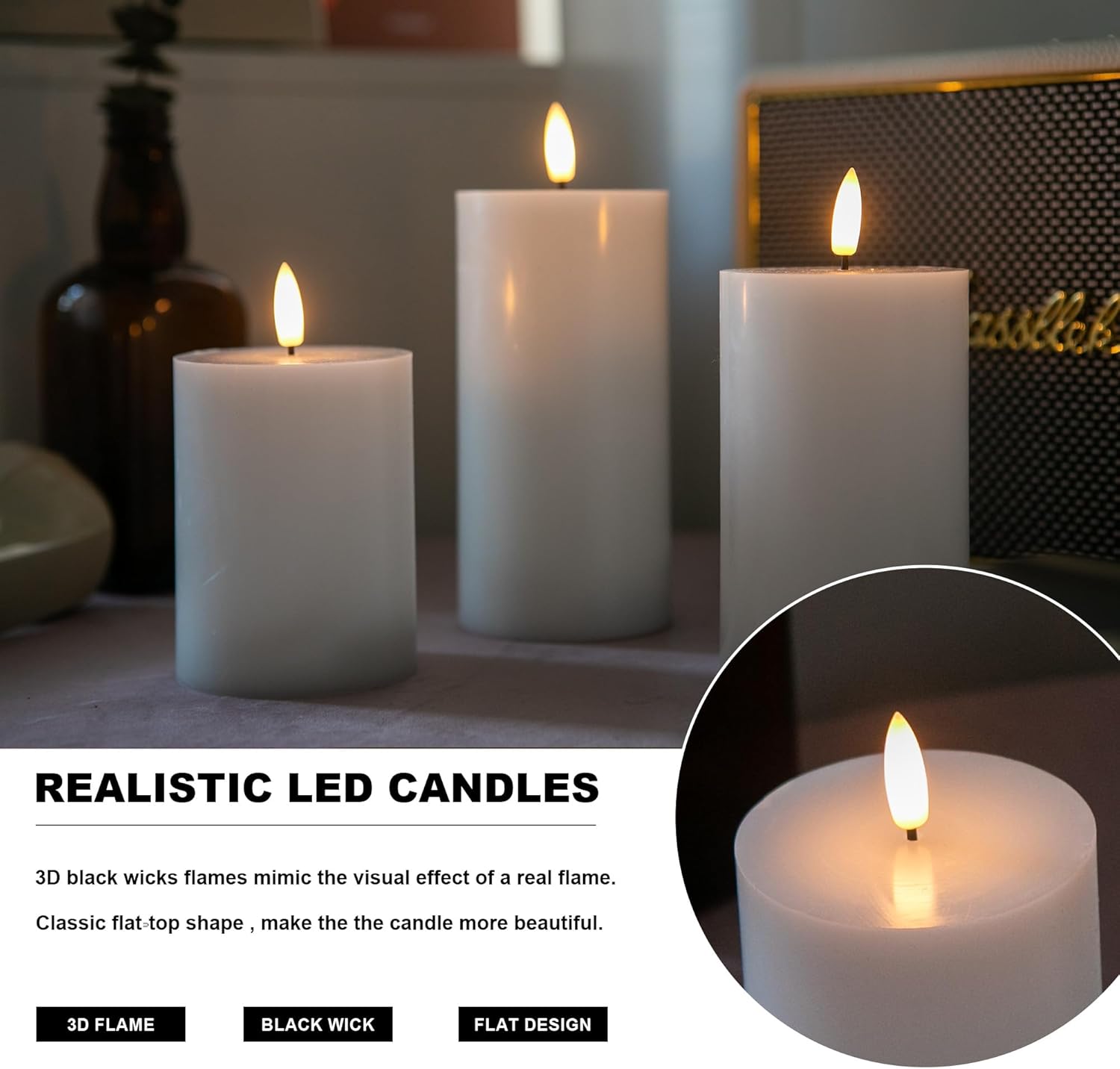 White Flameless Pillar Candles, Battery Operated Wax Candles with Remote, Flat Top Flickering Flameless Candles, LED Candle for Home, Wedding, Party Decor, Set of 3, Φ 3" H 4" 5" 6"