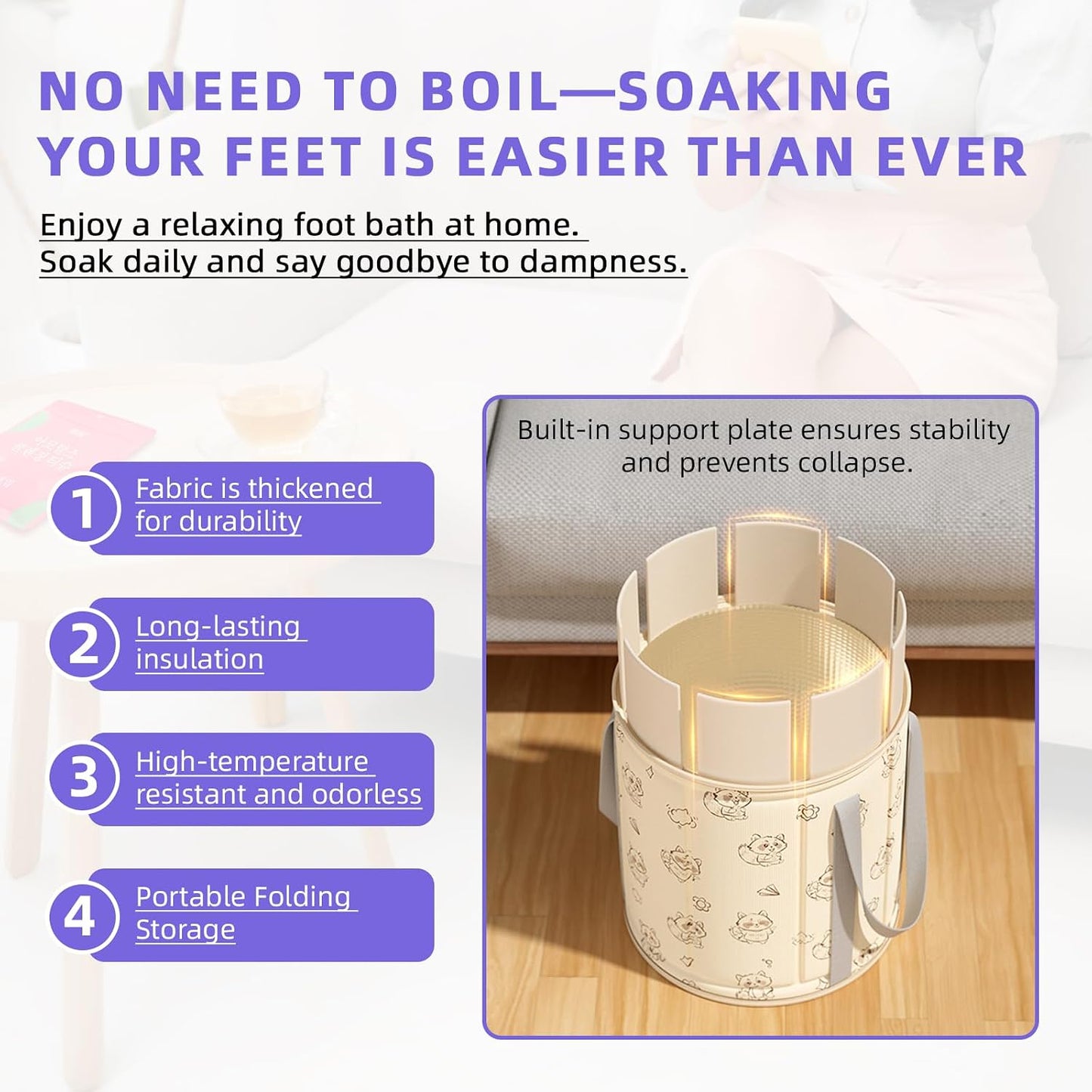 Collapsible Bucket for Soaking Feet, Portable Travel Foot Soak Spa Basin for Camping Washing and Fishing, with Handle, lid and Storage Bag
