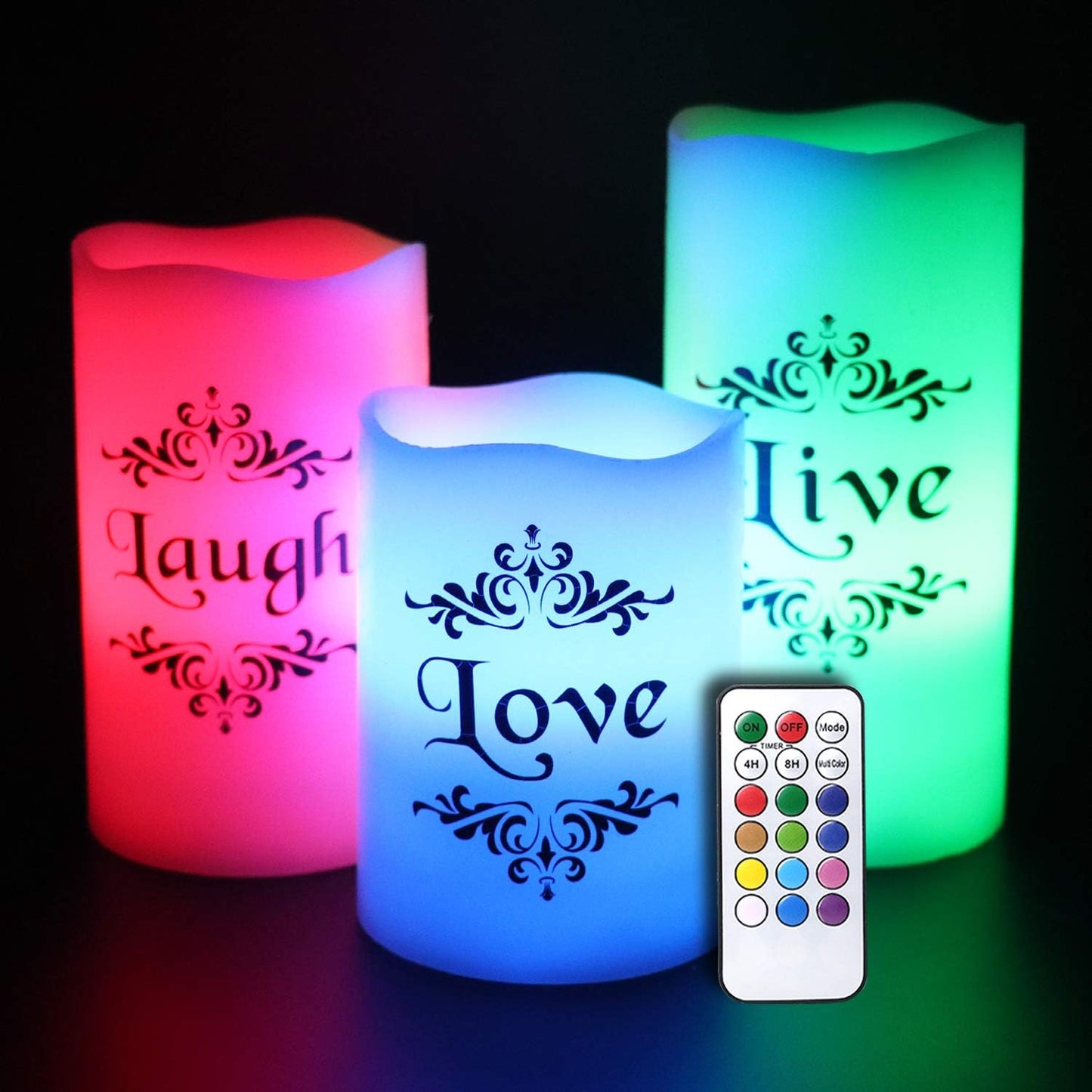 Color Changing LED Flameless Candles with 18-Key Remote and Timer, Live Love Laugh Decals Battery Operated LED Flickering Pillar Candles Dinner Wedding Decor 3 x 4, 5, 6