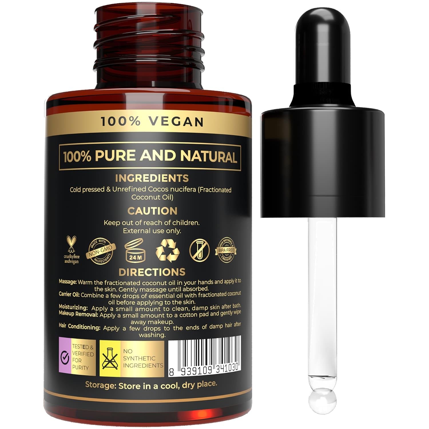 Plant Based Fractionated Coconut Oil - Liquid Coconut Oil for Hair, Skin and Body | Perfect Carrier Oil for Essential Oils - 100% Pure, Natural and Versatile - Ideal for Hair, Face, Body Care