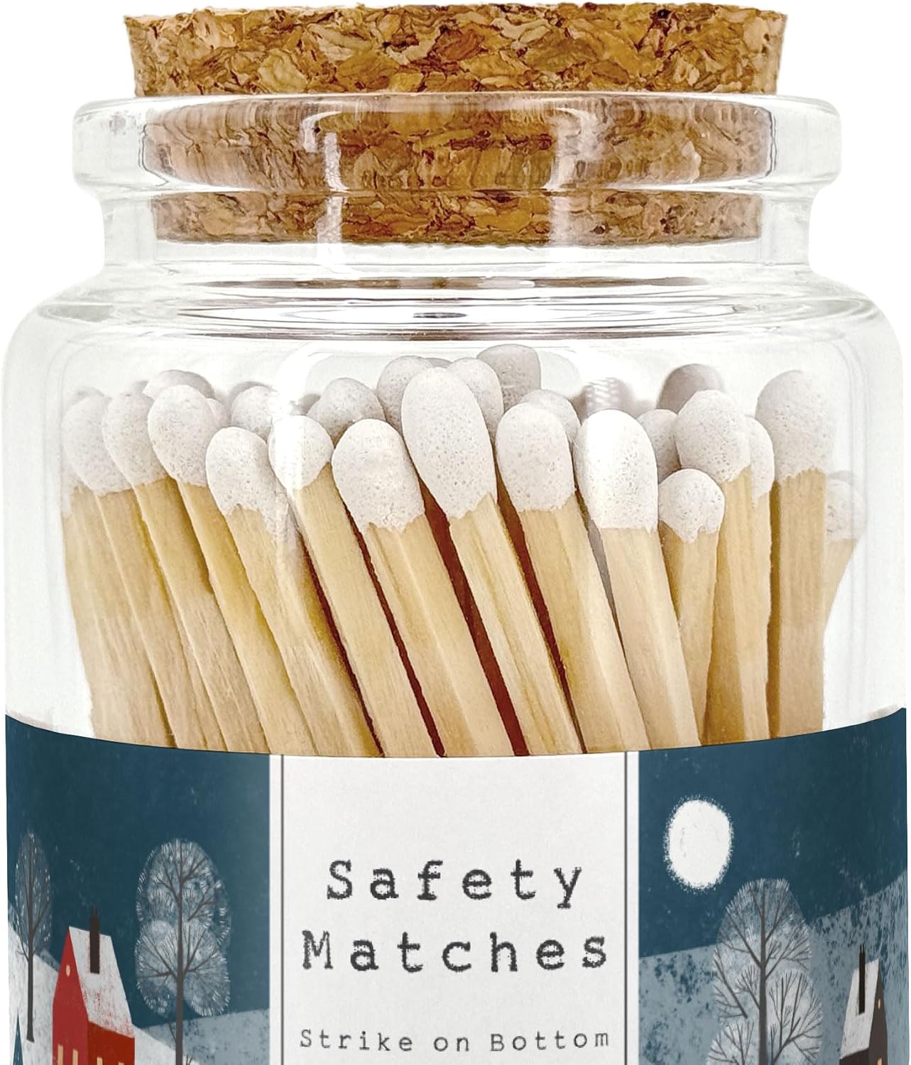 Snowy Village Wooden Matches in a Jar with Striker | Decorative Matches for Candles | Long Matches for Candles in Apothecary Glass Jar | Approx. 80 Safety Matches for Home Decor & Bathroom