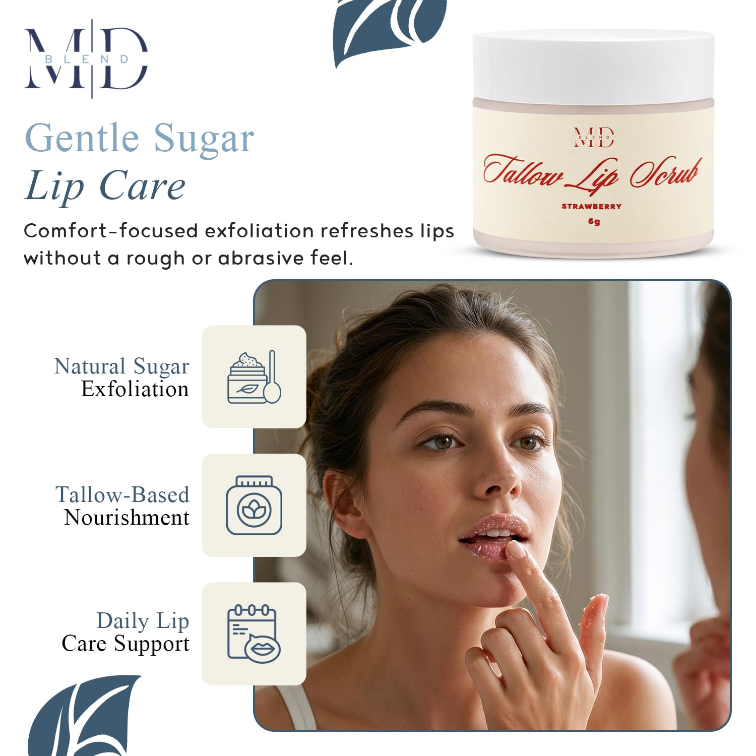 Tallow Lip Scrub Strawberry Flavor – All Natural Lip Scrub with Sugar Exfoliator, Moisturizing Tallow, Sunflower & Sweet Almond Oils for Soft, Smooth, Healthy, Nourished Lips