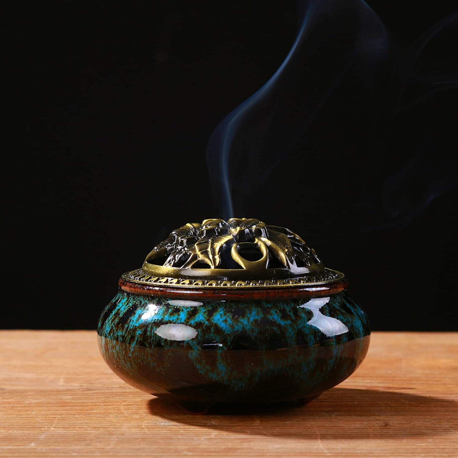 Censer Sky Blue Incense Burner with Calabash Incense Stick Holder - Porcelain Charcoal Censer for Use with Resin Granular Powder Cone or Coil Incense (Blue Fambe)