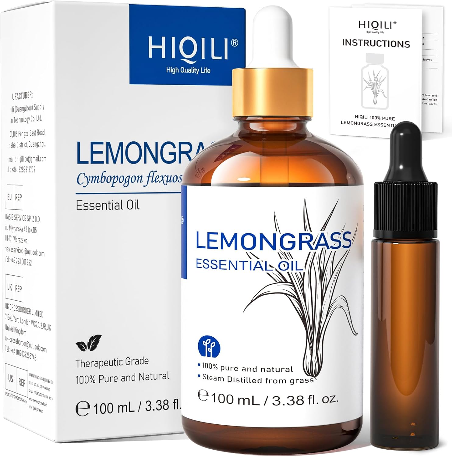 HIQILI Lemongrass Essential Oil, 100% Pure Natural Undiluted Premium Oils - 3.38 Fl. Oz
