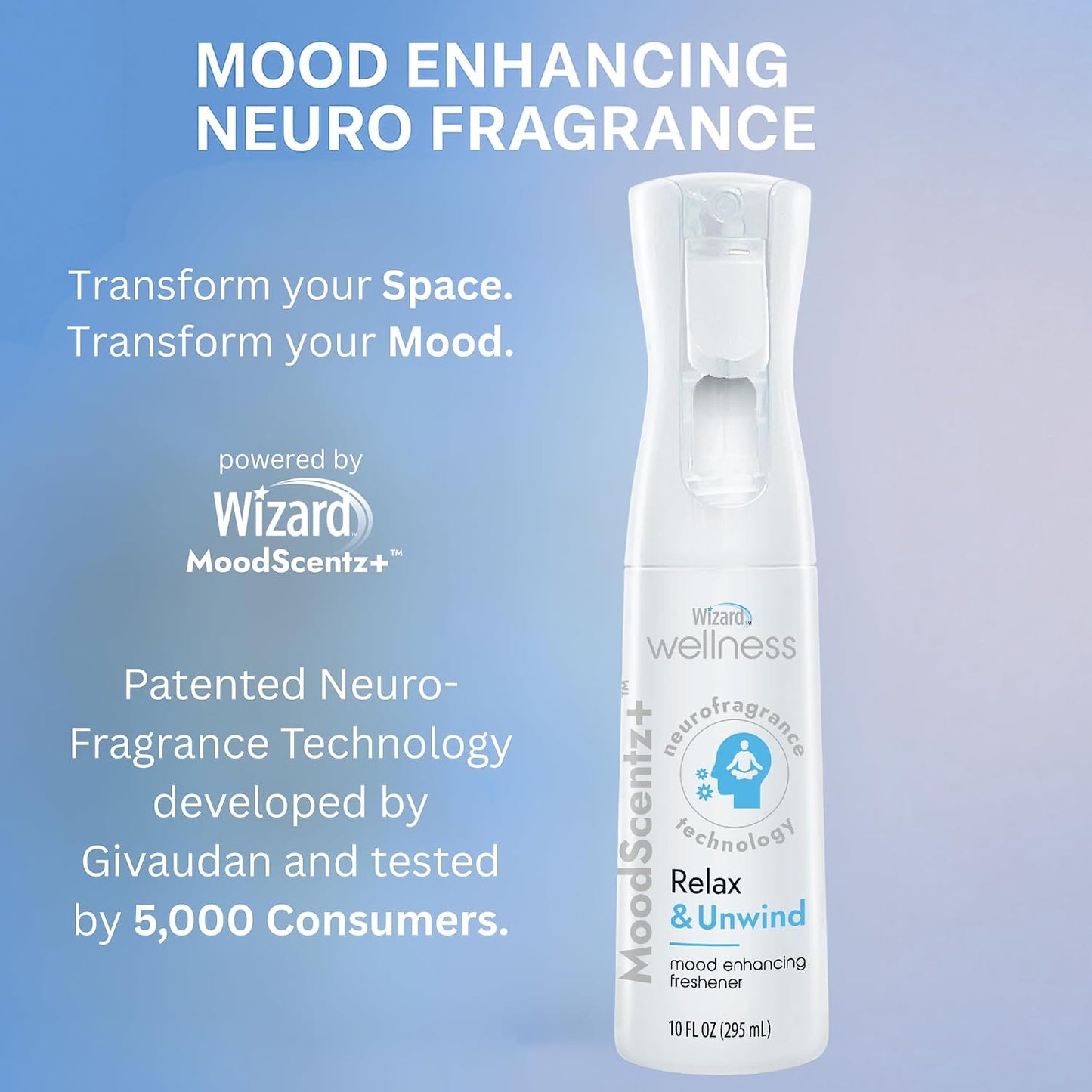 Wizard MoodScentz™ (Relax & Unwind) Patented Science-Backed Mood-Enhancing Room Mist, Non-Aerosol Continuous Fine-Mist Spray with Neuro-Fragrance Technology – 10 Fl Oz