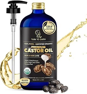 Organic Castor Oil, Cold Pressed, Glass Bottle, USDA Certified Premium Organic, Unrefined, Hexane Free, for Hair Growth, Radiant Skin, Eyebrows, Lashes and Fuller Hair, 16.9 oz w/ Pump (Made in USA)
