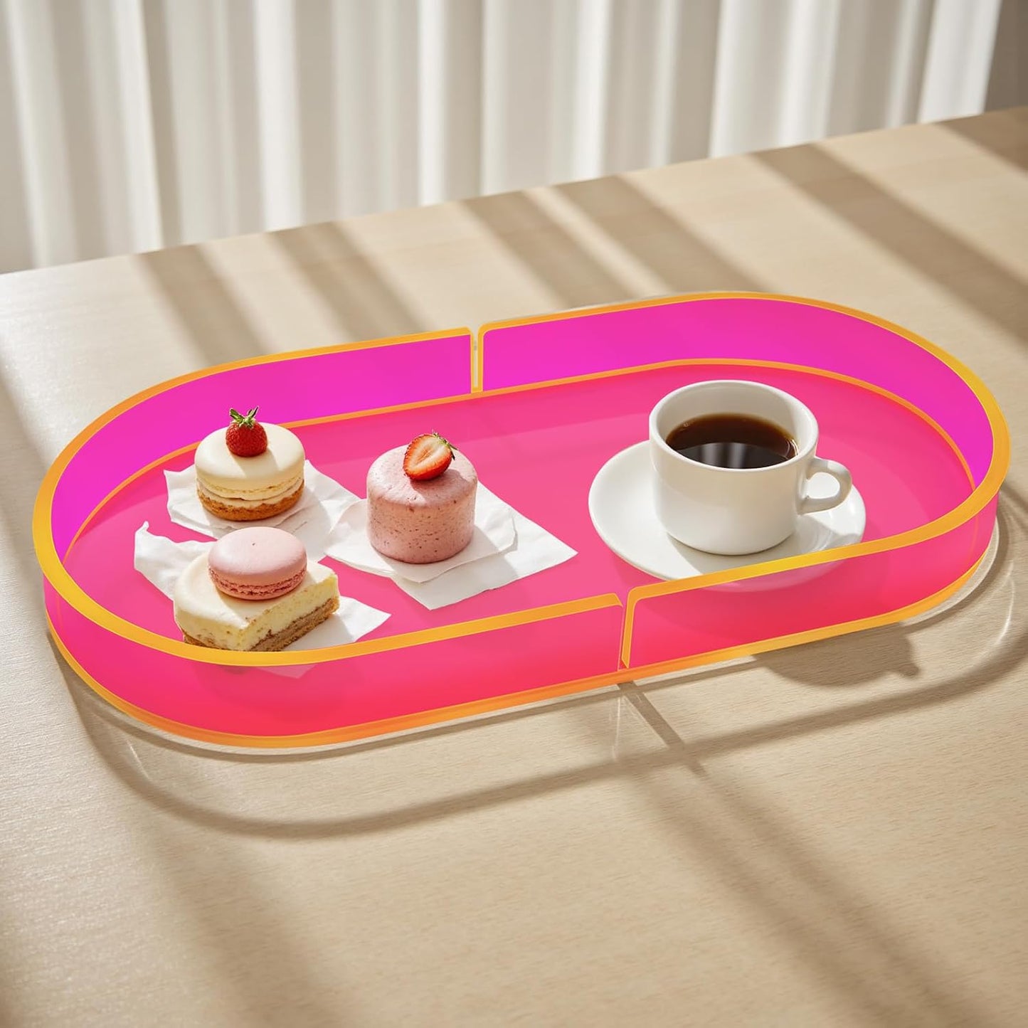 Acrylic Decorative Vanity Tray Perfume Jewelry Trinket Tray for Bathroom Counter Soap Toilet Tank Sink Small Candle Catch All Organizer, 12.6x6.3 Inches, Neon Pink