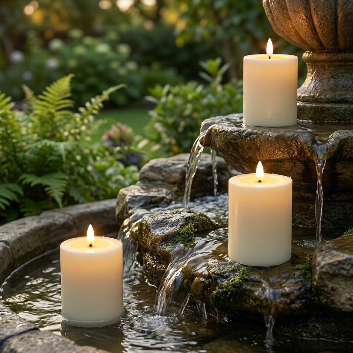 Outdoor Waterproof Flameless Candles with Remote and Timer, 2 Pack Battery Operated LED Flickering Pillar Candles, Fake Plastic Candles with Wax Effect for Lanterns, Indoor(Ivory, 3" x5" 5")