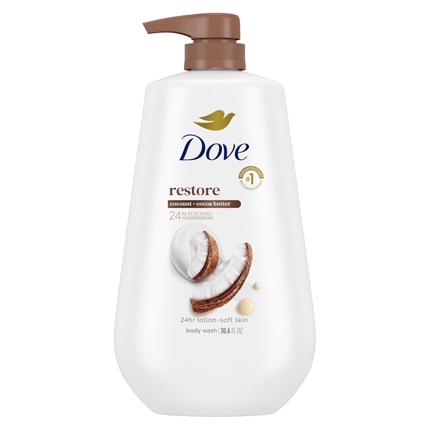 Dove 24hr Lotion Body Wash Restore Coconut & Cocoa Butter, 30.6 oz | Moisturizing body wash with MicroMoisture for 24-hour hydration and soft skin