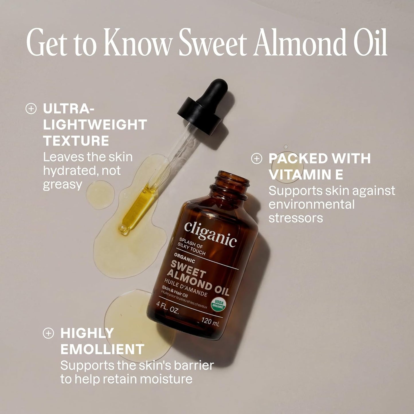 Cliganic Organic Sweet Almond Oil, 100% Pure (8oz) - for Skin & Hair, Nourishing Carrier Oil for Face & Body