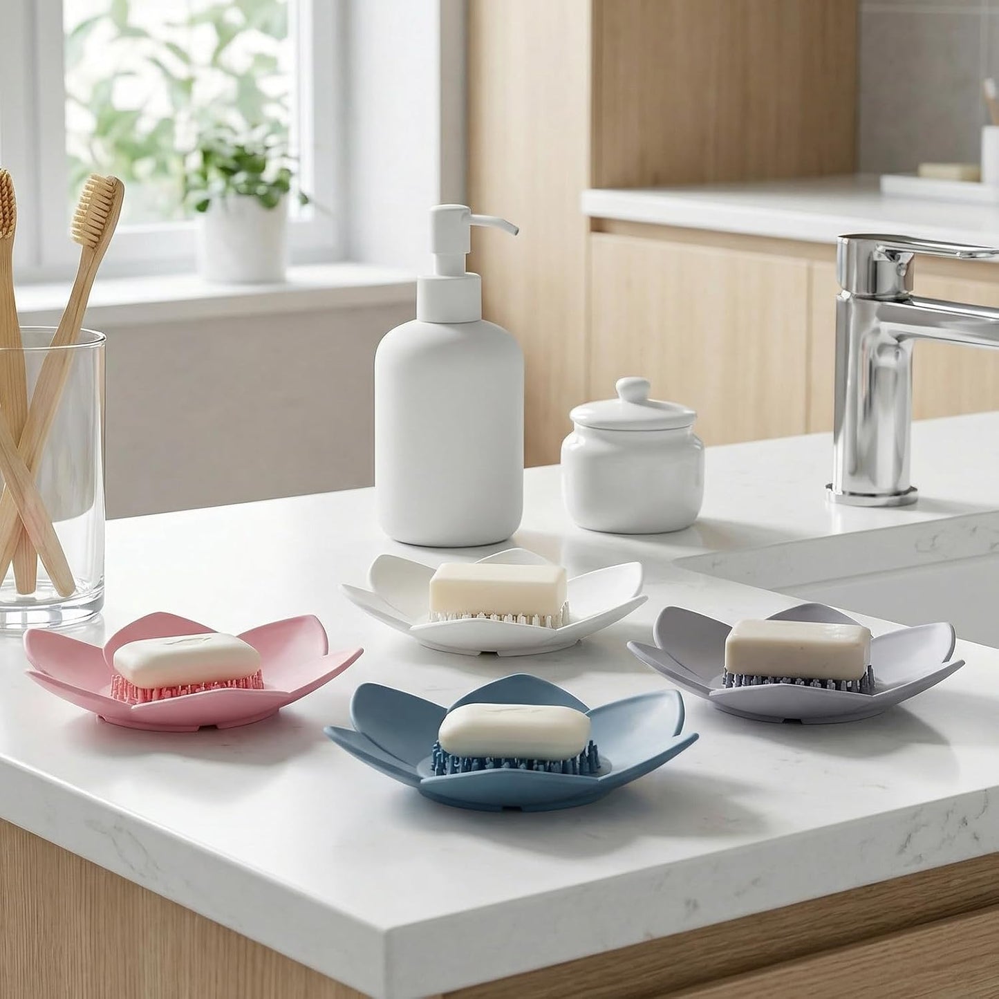 4 Pack Lotus Shower Steamer Trays, Silicone Soap Holder with Self Draining - Elegant Mixed Colors Lotus Flower Shape Soap Dish, Perfect for Bathroom Counter, Kitchen Sink, Shower Organizer