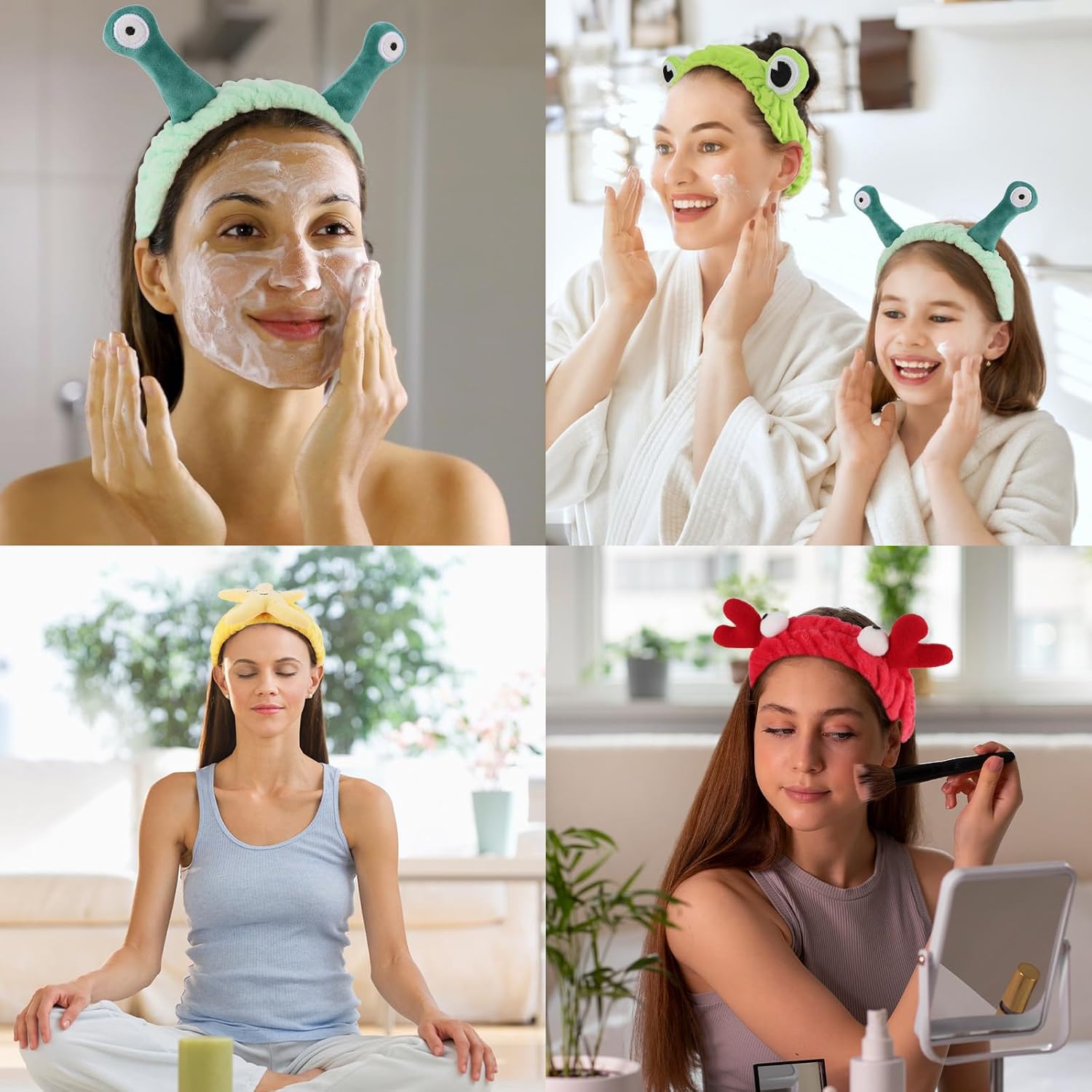 Spa Headbands for Girls Women, 4 Pack Cute Cartoon Animal Headbands for Skincare Makeup Washing Face, Cute Frog Snail Crab Starfish Hairbands Hair Accessories Funny Stuff Beauty