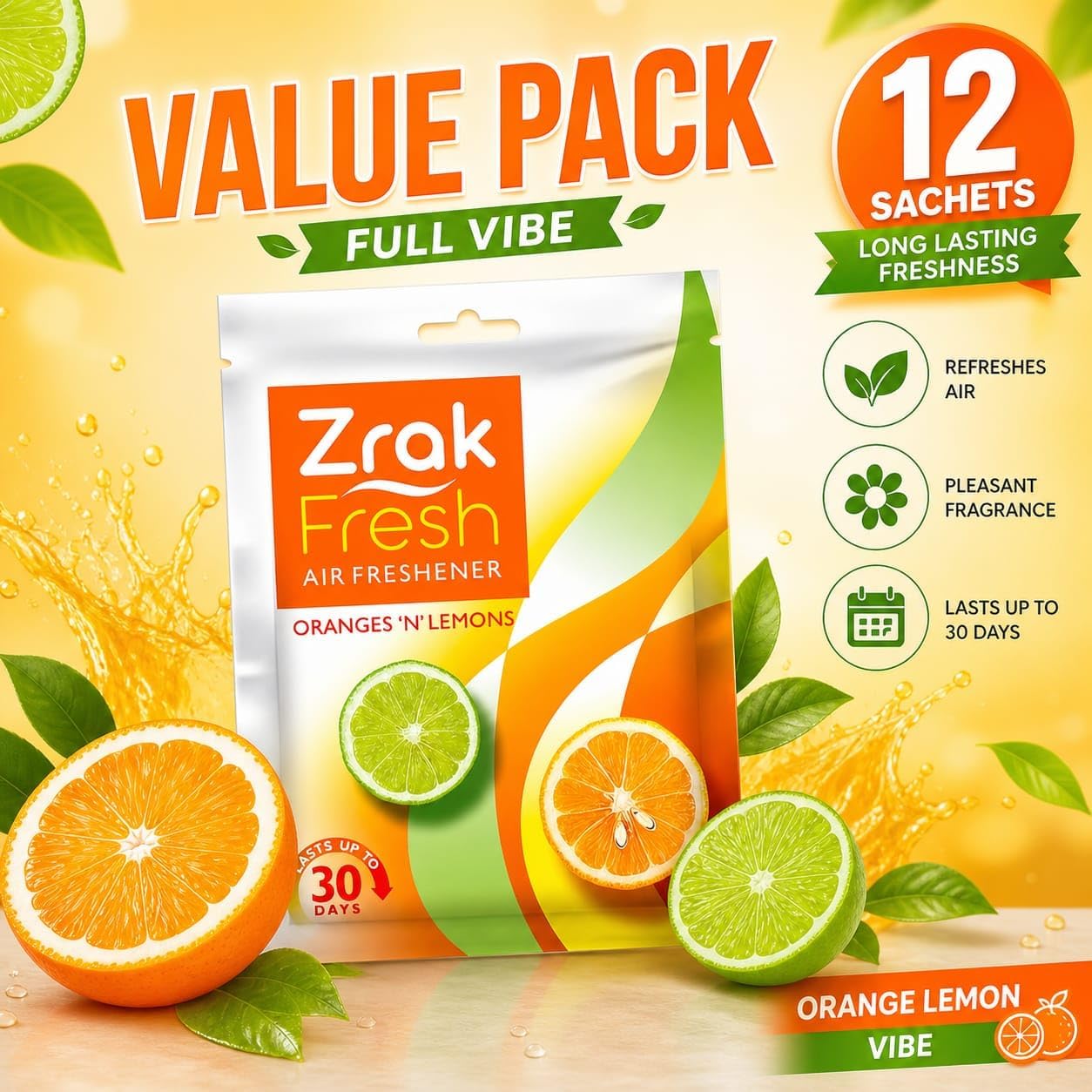 Air Freshener| Hanging Scented Sachets| for Home|Car|Shoe Area Odour Removal| Gym Bags|Drawer|Wardrobe Closet| pet Area Odour Oranges n Lemons Closet Scented Fresh Value Pack of 12 (Each10g