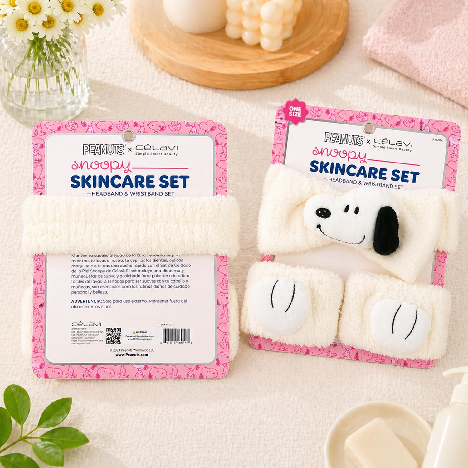 CELAVI Peanuts Snoopy Spa Headband and Face Wash Wristbands Set - Soft Skincare Makeup Hair Band, Microfiber Fleece, White