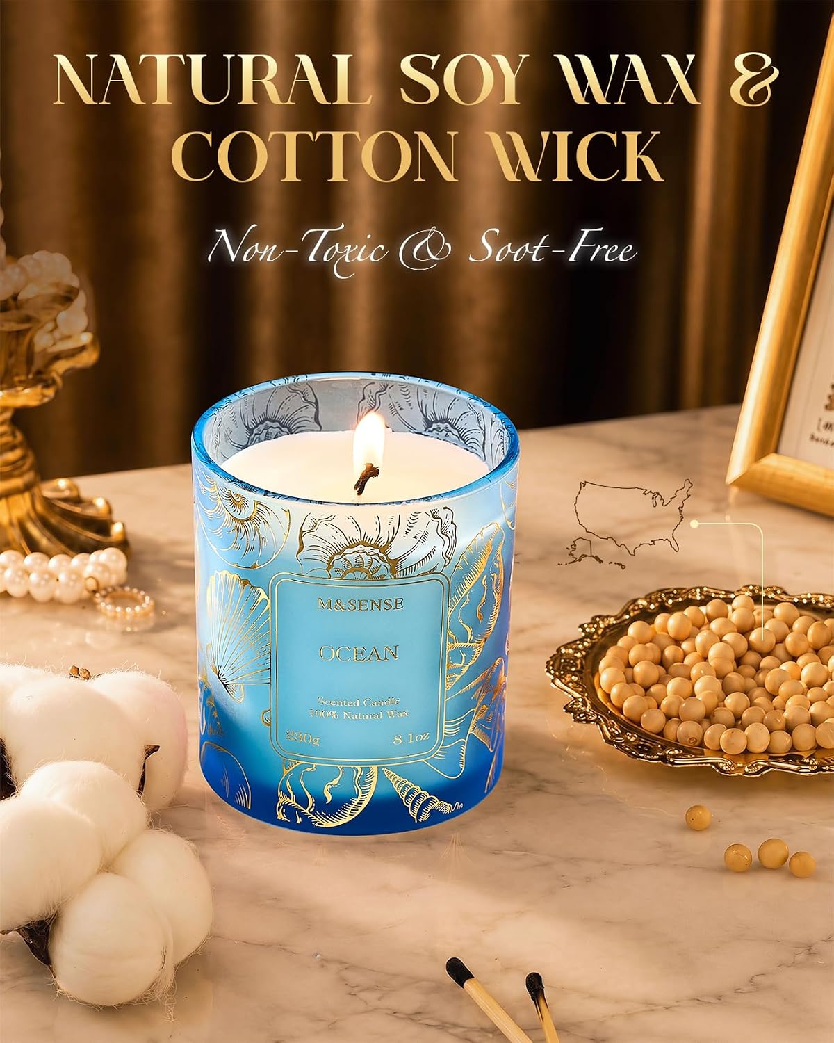 M&SENSE Natural Soy Wax Ocean Scented Candles, 8.1oz Non Toxic Soy Candle 42-Hour Slow Burning, Summer Fresh Smelling Candle for Bathroom Decor, Stress Relief Aromatherapy Candle Gifts