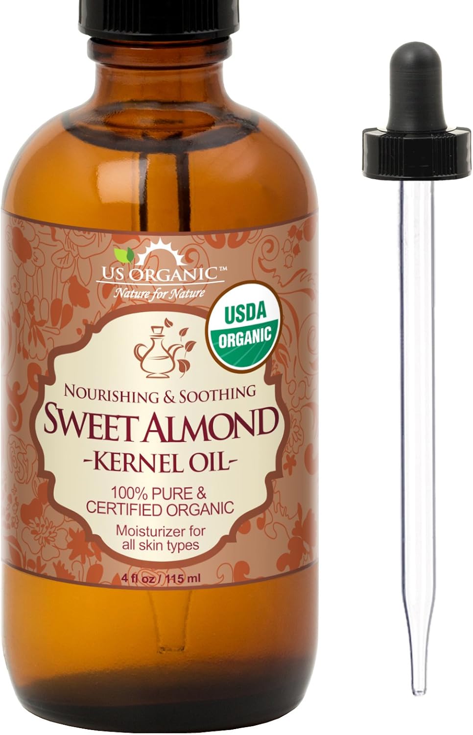 US Organic Sweet Almond Kernel Oil, USDA Certified Organic,100% Pure & Natural, Cold Pressed Virgin, Unrefined in Amber Glass Bottle w/Eyedropper, Sourced from Poland (4 oz (115 ml))
