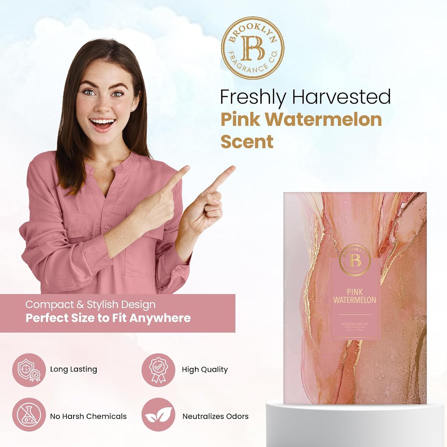 Brooklyn Fragrance Co. Marble Sachet Bags – Pink Watermelon Scented Pouches – Perfect Aroma for Drawers, Closets, Cars and Bathrooms – Long-Lasting Fresh Scent Sachets (6- Pack)