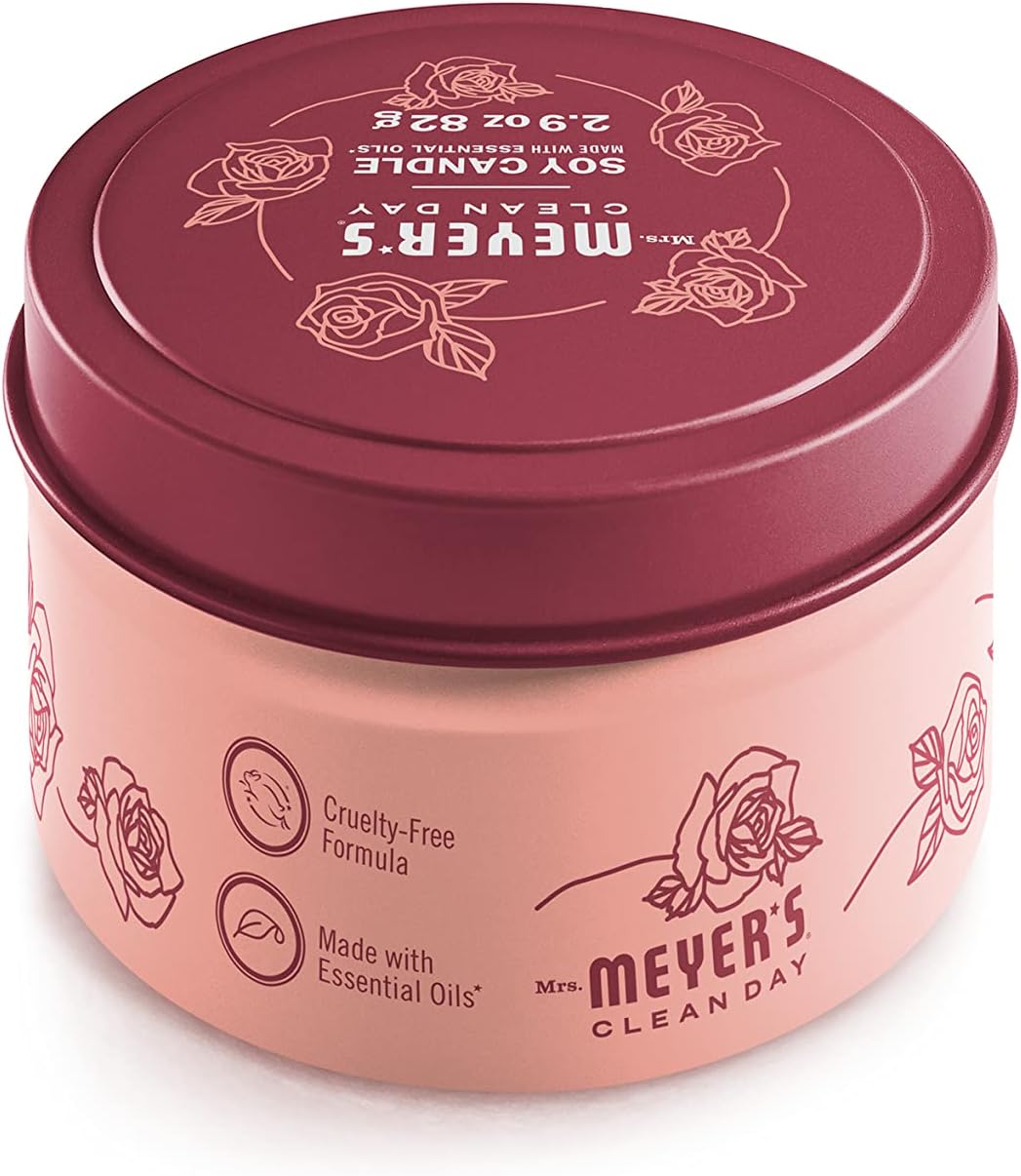 MRS. MEYER'S CLEAN DAY Soy Tin Candle, 12 Hour Burn Time, Made with Soy Wax and Essential Oils, Rose, 2.9 oz