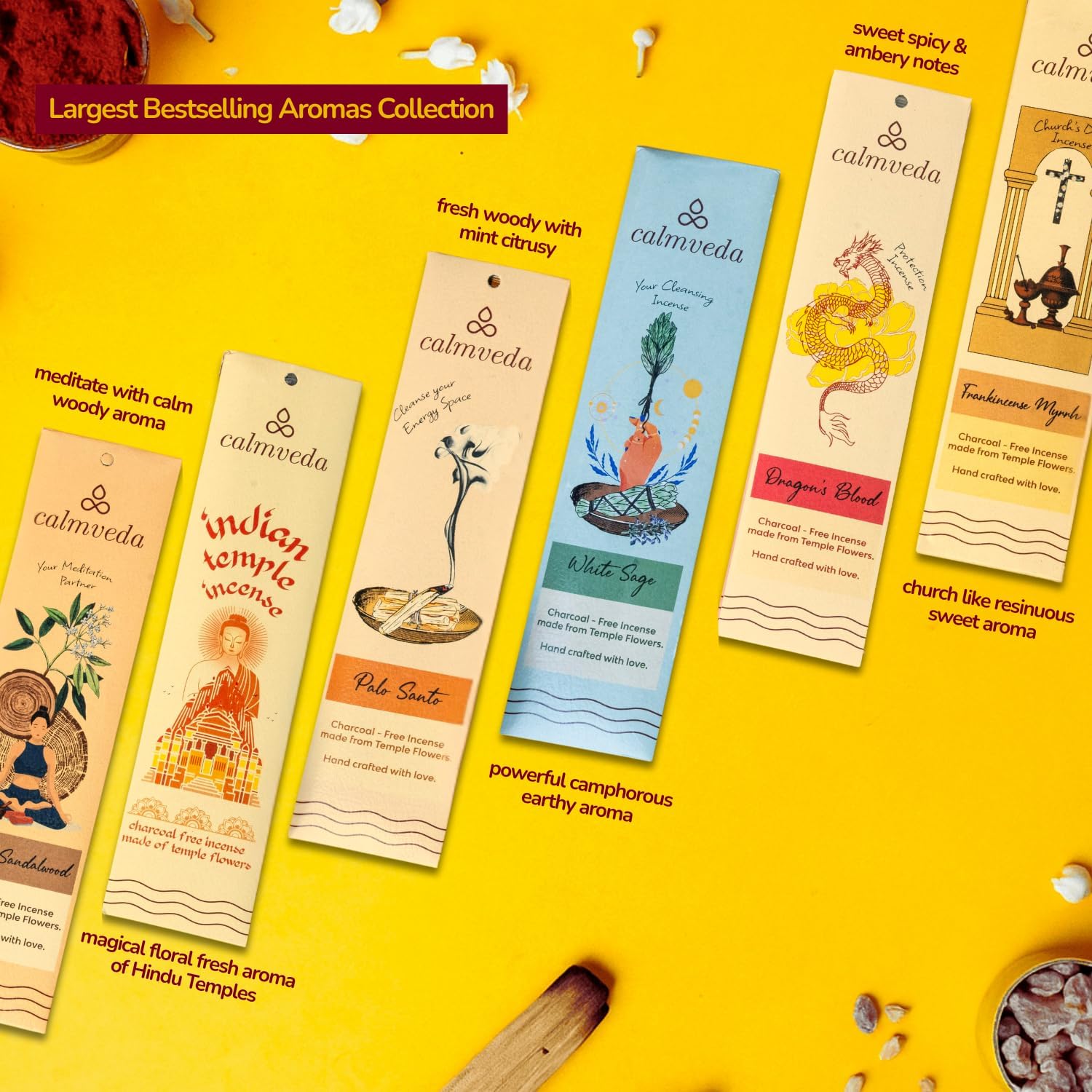 CALMVEDA Natural Incense Sticks Mega - Variety Pack (144 Insence-Sticks Bulk, 12 Aromas) Clean No Charcoal, Made from Upcycled Flowers | Organic Incense Stick Non Toxic (Slow Burn, Longlast)