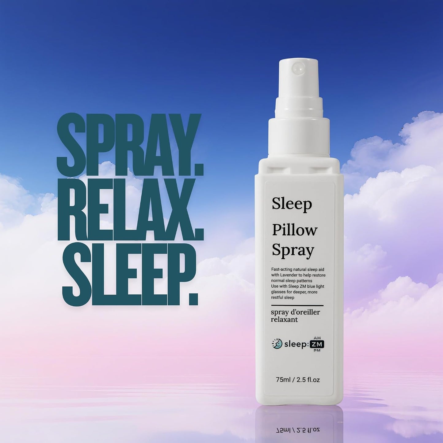 Sleep ZM Lavender Pillow Sleep Spray – Natural Relaxation and Calming Mist with Essential Oils for Deep Sleep – Use with Sleep ZM Blue Light Glasses – 2.5 fl oz Home and Travel Size Aromatherapy Spray