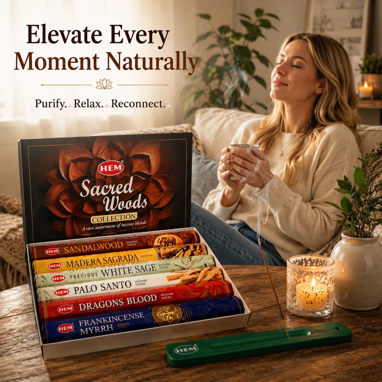 Hem Incense Sticks Assorted Sacred Woods Pack (6 Sets x 20 Sticks) with Incense Stick Holder 120 Sticks Total | Sandalwood Dragons Blood Palo Santo White Sage Frankincense Myrrh