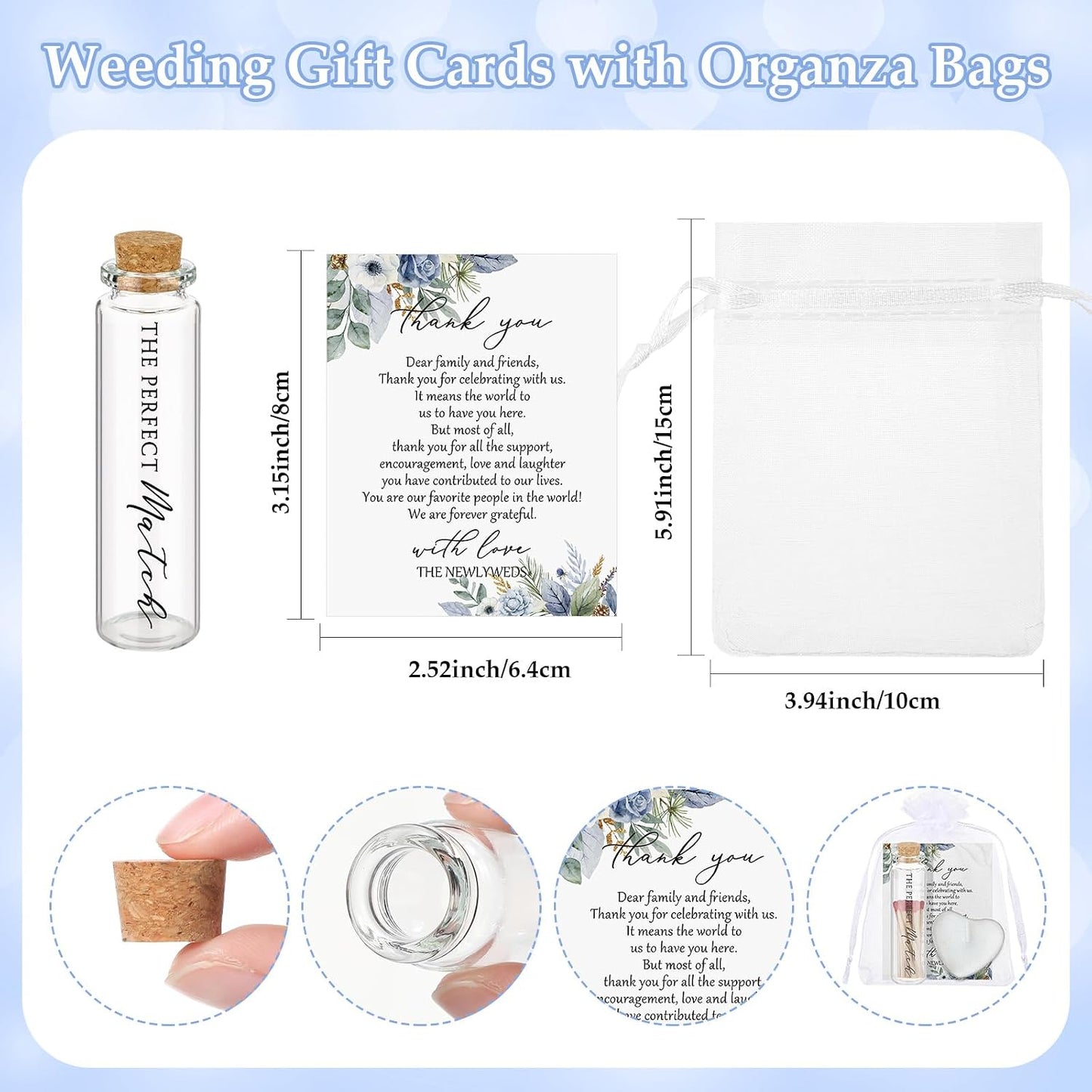 50 Sets Wedding Party Favors for Guests Bulk Including Heart Shaped Candles and Empty Matches Jars with Cork Top Thank You Cards and Organza Bags for Wedding Bridal Shower Party (Blue Flower)