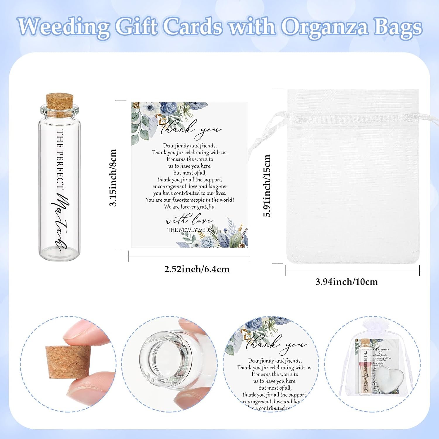 50 Sets Wedding Party Favors for Guests Bulk Including Heart Shaped Candles and Empty Matches Jars with Cork Top Thank You Cards and Organza Bags for Wedding Bridal Shower Party (Blue Flower)
