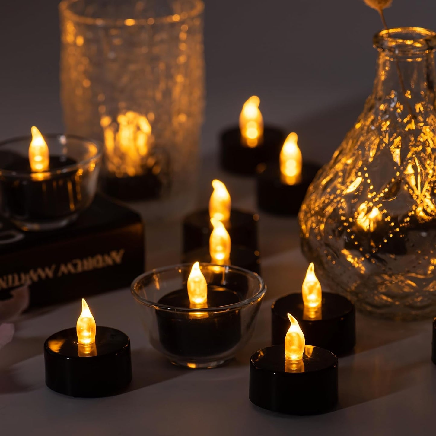 Lasts 2X Longer Black Flameless Tealight Candles, 40 Pack, Batteries Included, Realistic Tea Lights Candles, Flickering Bright Tealights, Battery Operated Candles for Halloween Decorations