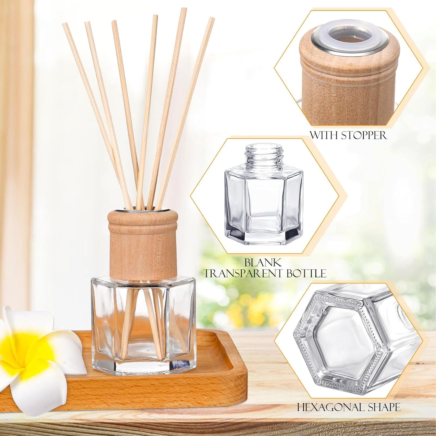 Roshtia 20 Set Reed Diffuser Bottle Empty Refillable Fragrance Glass Diffuser Bottles Set with Wooden Caps Rattan Sticks 50ml 1.7 Oz Hexagonal Glass Jars for DIY Fragrance
