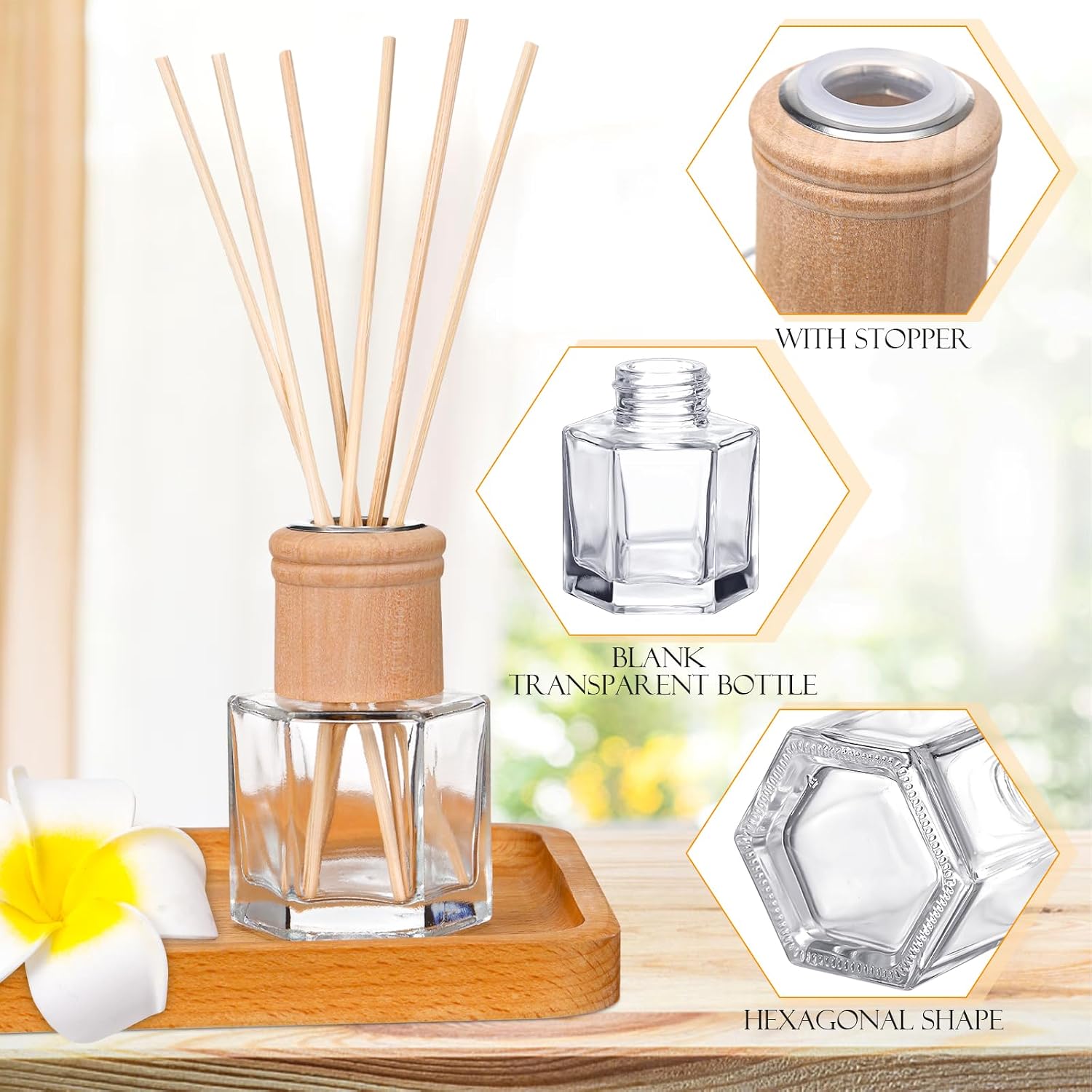 Roshtia 20 Set Reed Diffuser Bottle Empty Refillable Fragrance Glass Diffuser Bottles Set with Wooden Caps Rattan Sticks 50ml 1.7 Oz Hexagonal Glass Jars for DIY Fragrance