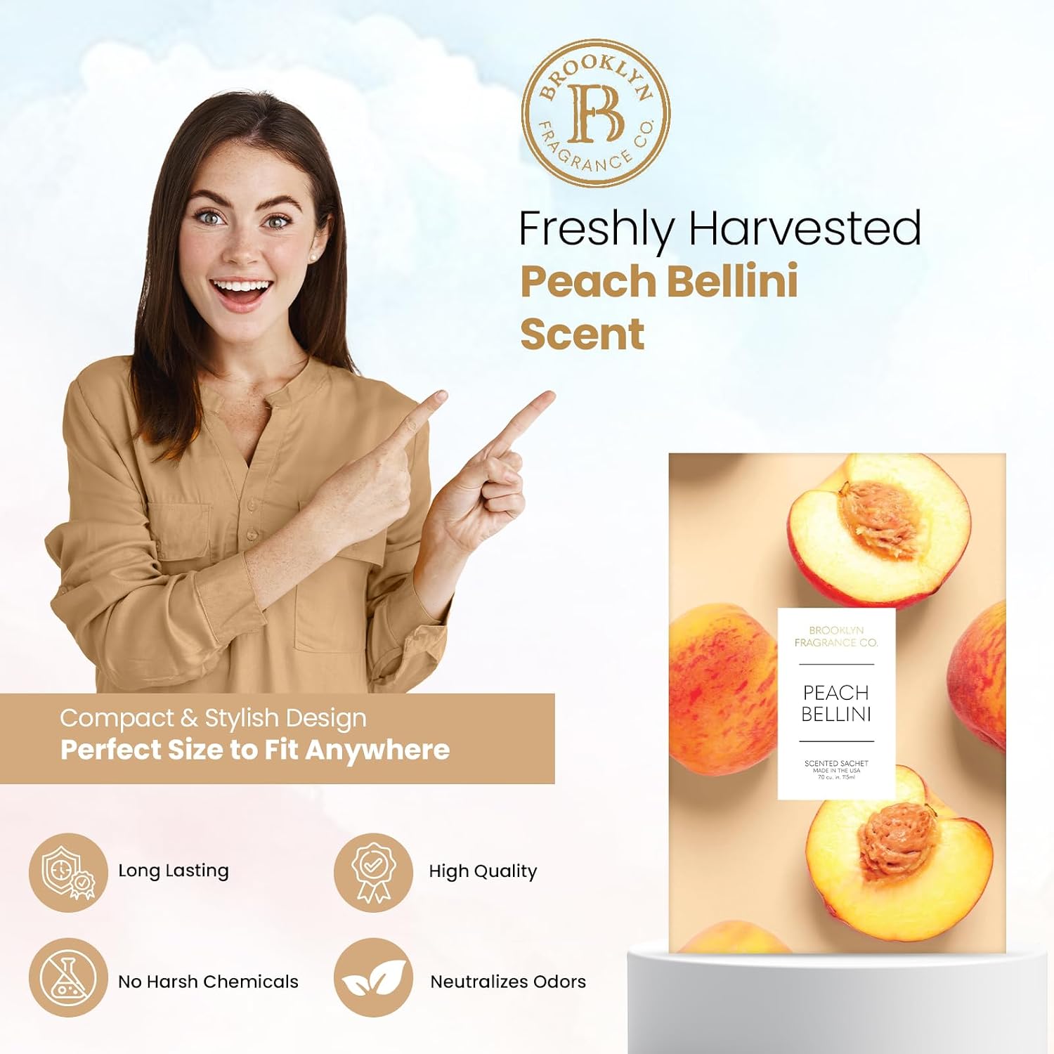 Brooklyn Fragrance Co. Fruits Sachet Bags – Peach Bellini Scented Pouches – Perfect Aroma for Drawers, Closets, Cars and Bathrooms – Long-Lasting Fresh Scent Sachets (6- Pack)