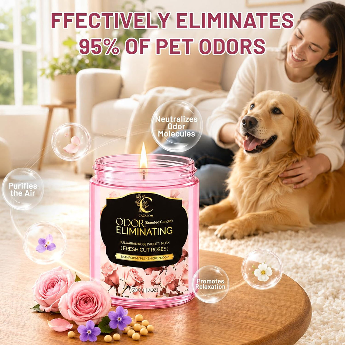 Odor Eliminating Candle, Soy Scented Candles for Home, Rose 7oz