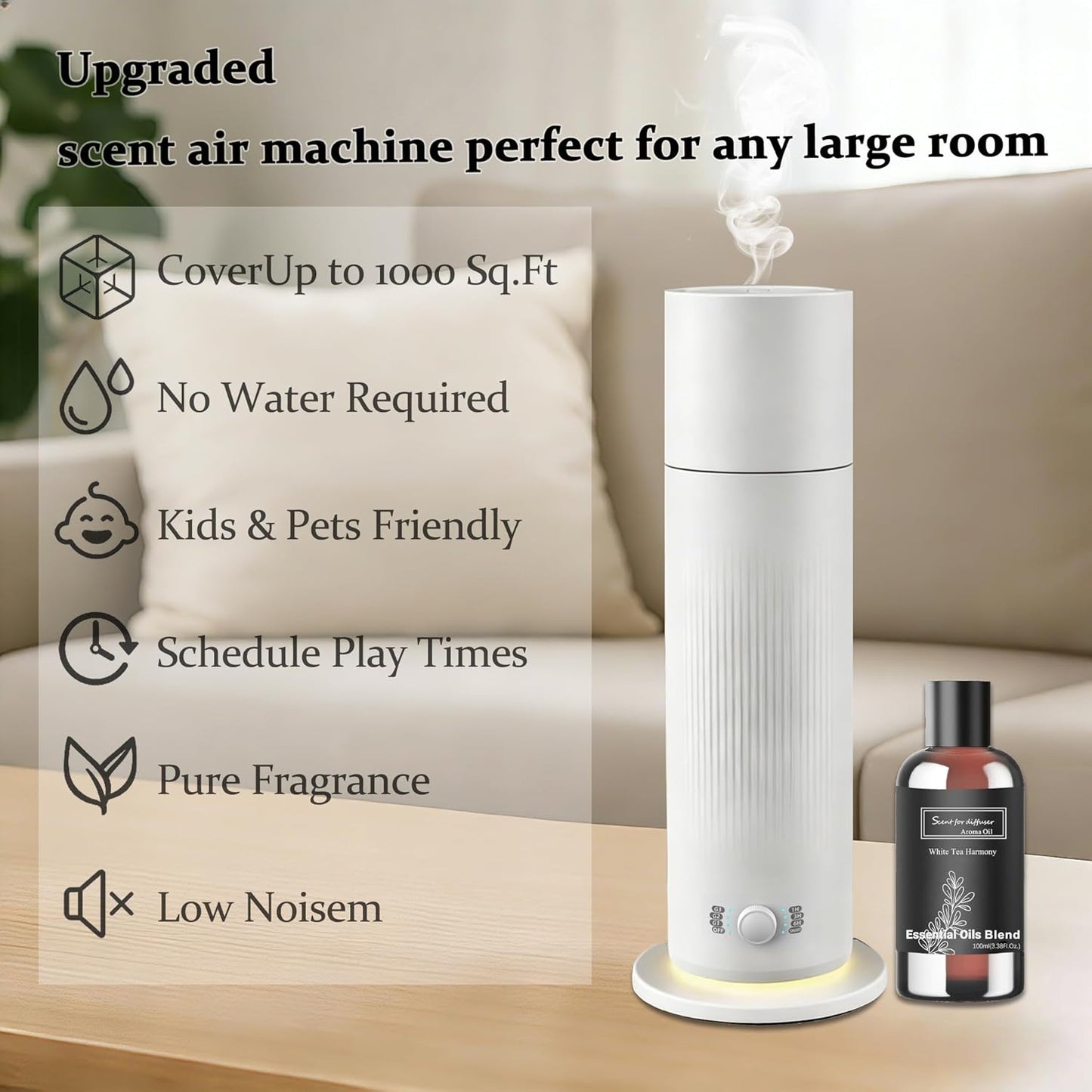 Waterless Essential Oil Diffuser, Scent Air Machine for Home with Hotel Scent Oil, Covers Up to 1000 Sq.Ft, Adjustable Mist & Timer, Hotel and Commercial Use