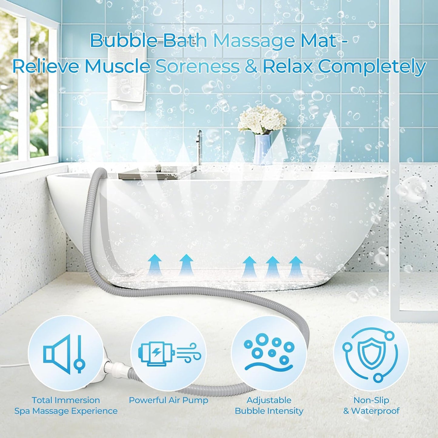 Portable Spa Bubble Bath Mat, Bathtub Massager Mat with Waterproof and Non-Slip Functions, Multi-Intensity Remote, Electric Air Pump, Strong Suction Cups, Full-Body Bubble Spa Experience at Home.