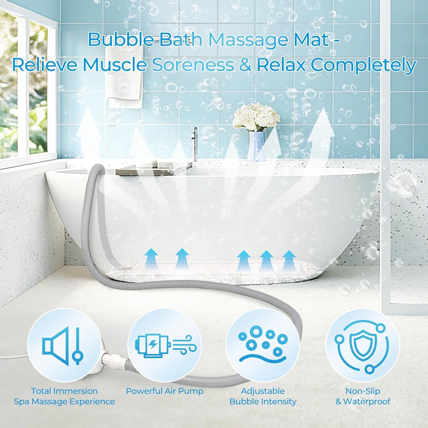 Portable Spa Bubble Bath Mat, Bathtub Massager Mat with Waterproof and Non-Slip Functions, Multi-Intensity Remote, Electric Air Pump, Strong Suction Cups, Full-Body Bubble Spa Experience at Home.