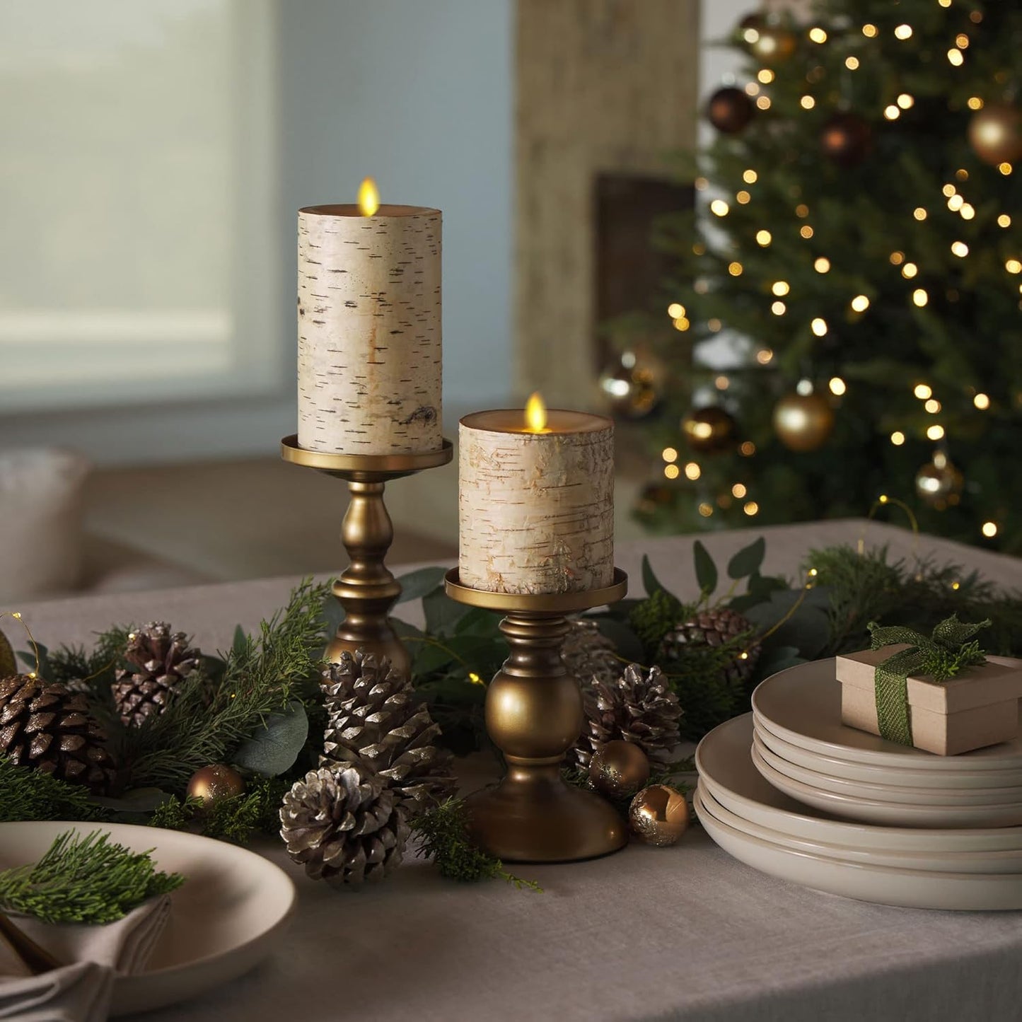 Luminara Real Birch Bark Wrapped Flameless LED Candle, 3.5" x 6.5", Battery Operated Moving Flame Pillar Light with Timer - Natural Decor Unscented