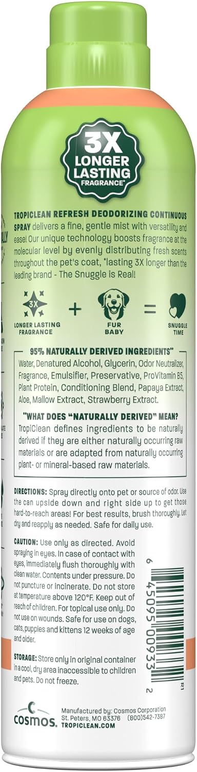 TropiClean Dog Perfume, Papaya Scented Dog Deodorizing Spray, 3X Long-Lasting Scent, After Bath Cologne & Detangling Spray with Vitamin E, 10oz.