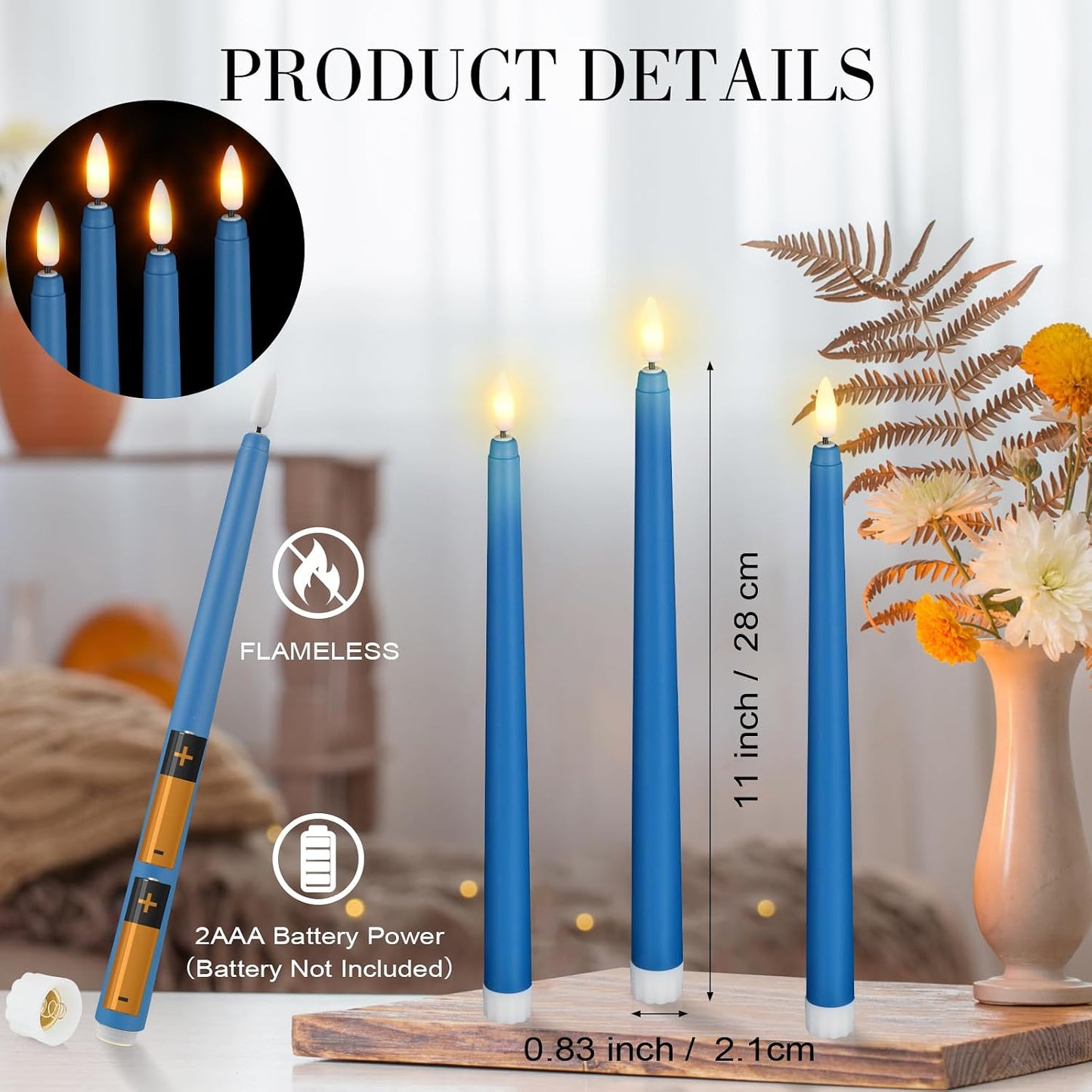 Macarrie 24 Packs Flameless Taper Candles Battery Operated Fake 11 Inch Long Candlelight LED Flameless Candlesticks Flickering Tapered for Summer Fall Wedding(Blue)
