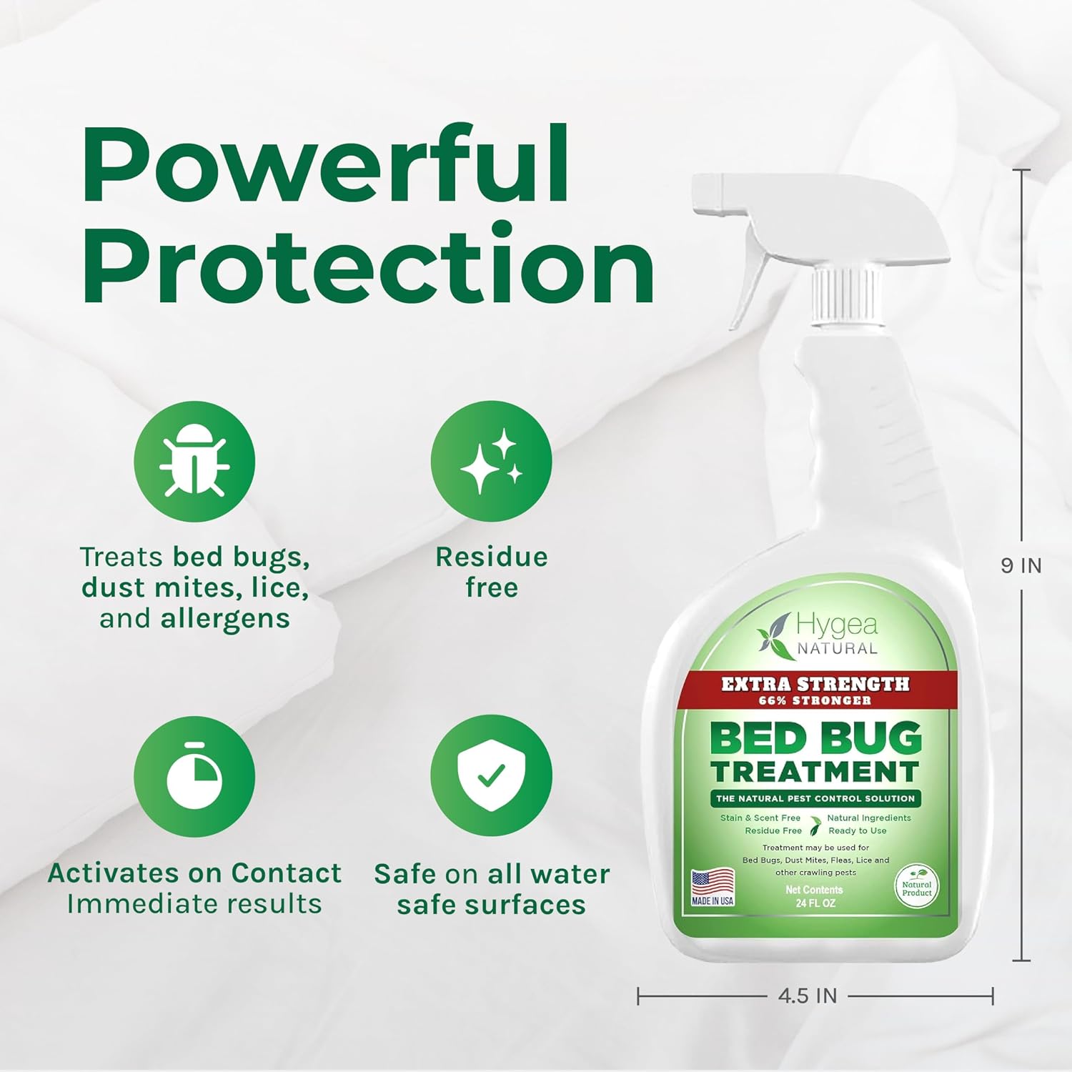 Hygea Natural Extra Strength Bed Bug Killer & Mite Spray - Child & Pet Friendly - Stain & Odor Free - 66% Stronger Formula (24 oz)