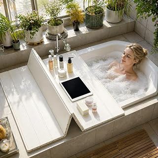 Foldable Bathtub Cover Insulation Board Dustproof Lid PVC Bath Caddy Tray for Soaking Water Temperature Keeper Bathroom Storage Rack Tablet Book Phone Holder(35.4",29.5")