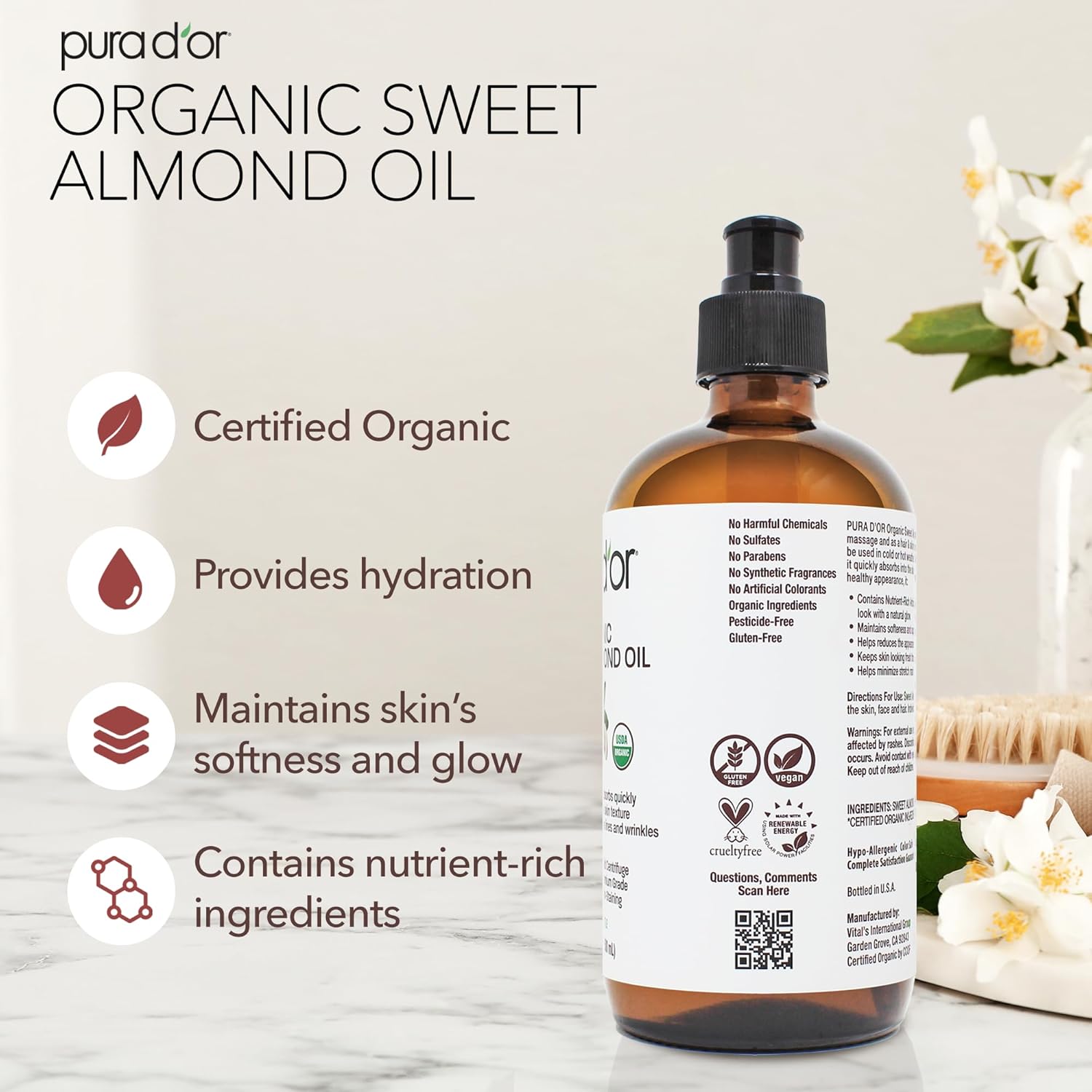 PURA D'OR ORGANIC Sweet Almond Oil (16.9 Oz GLASS BOTTLE) 100% Pure & Natural USDA Certified