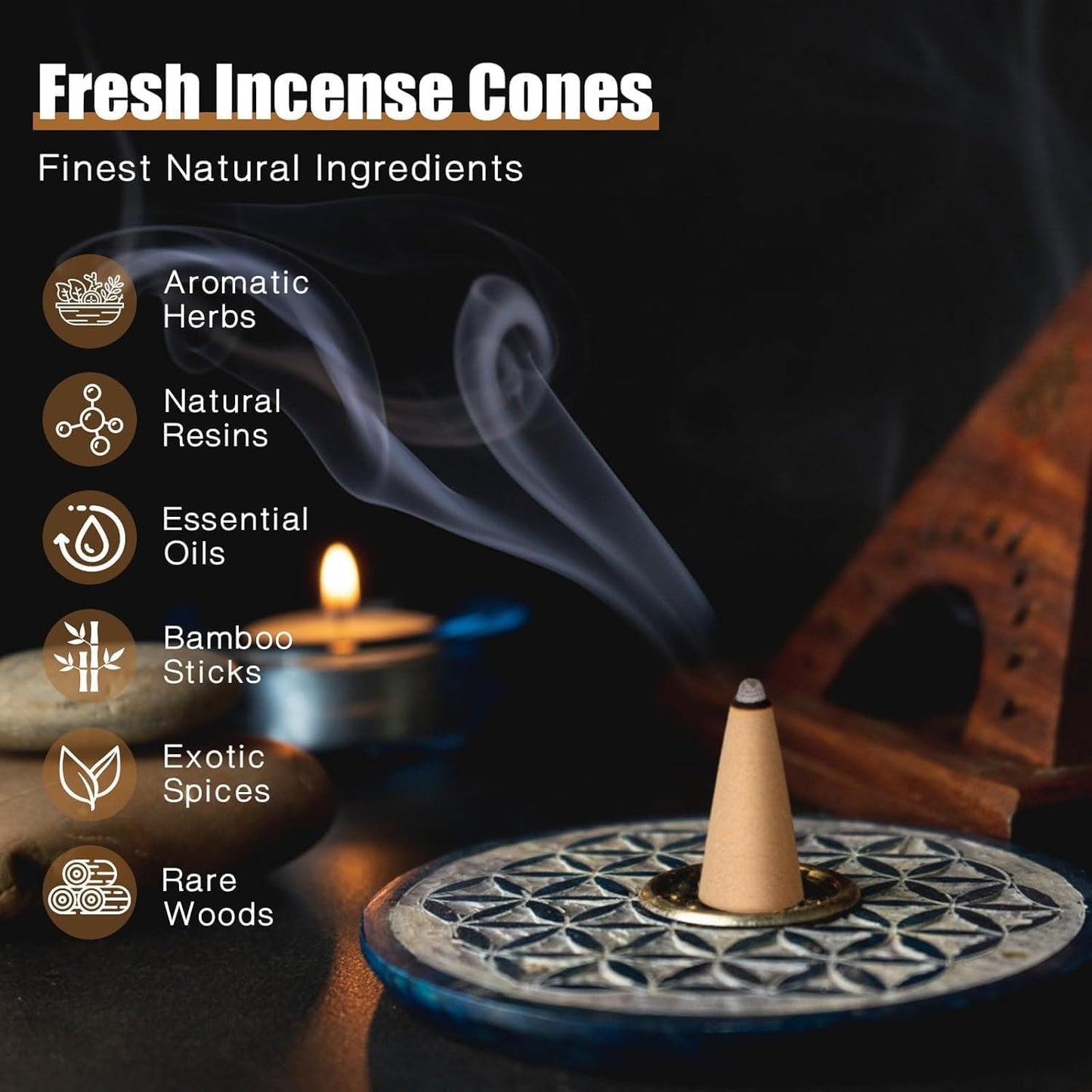 Incense Cones Set - Lavender, Jasmine, Sandalwood, Cinnamon, Rose, Dragons Blood for Meditation & Yoga