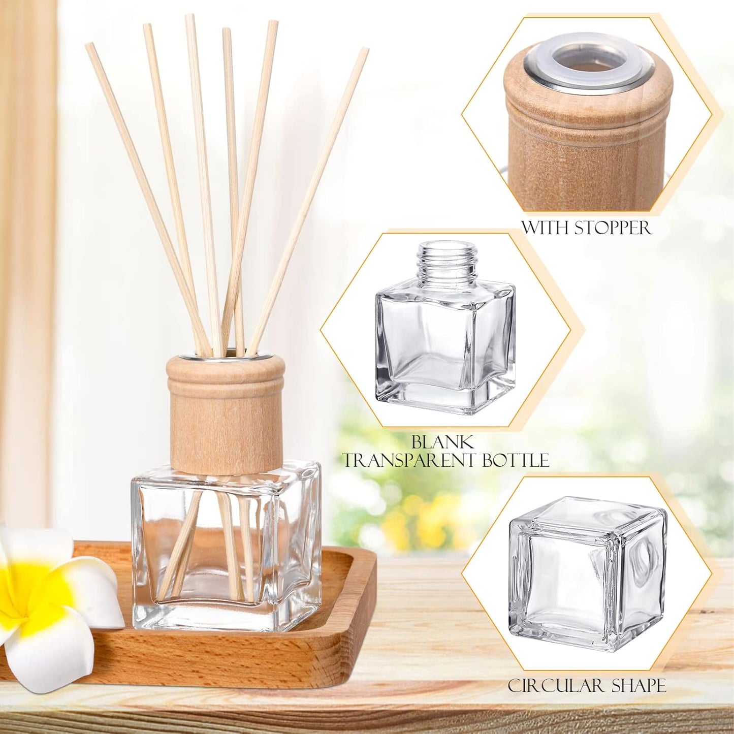 Roshtia 4 Set Reed Diffuser Bottle Empty Refillable Fragrance Glass Diffuser Bottles with Wooden Caps Rattan Sticks 50ml 1.7 oz Glass Jars for DIY Fragrance
