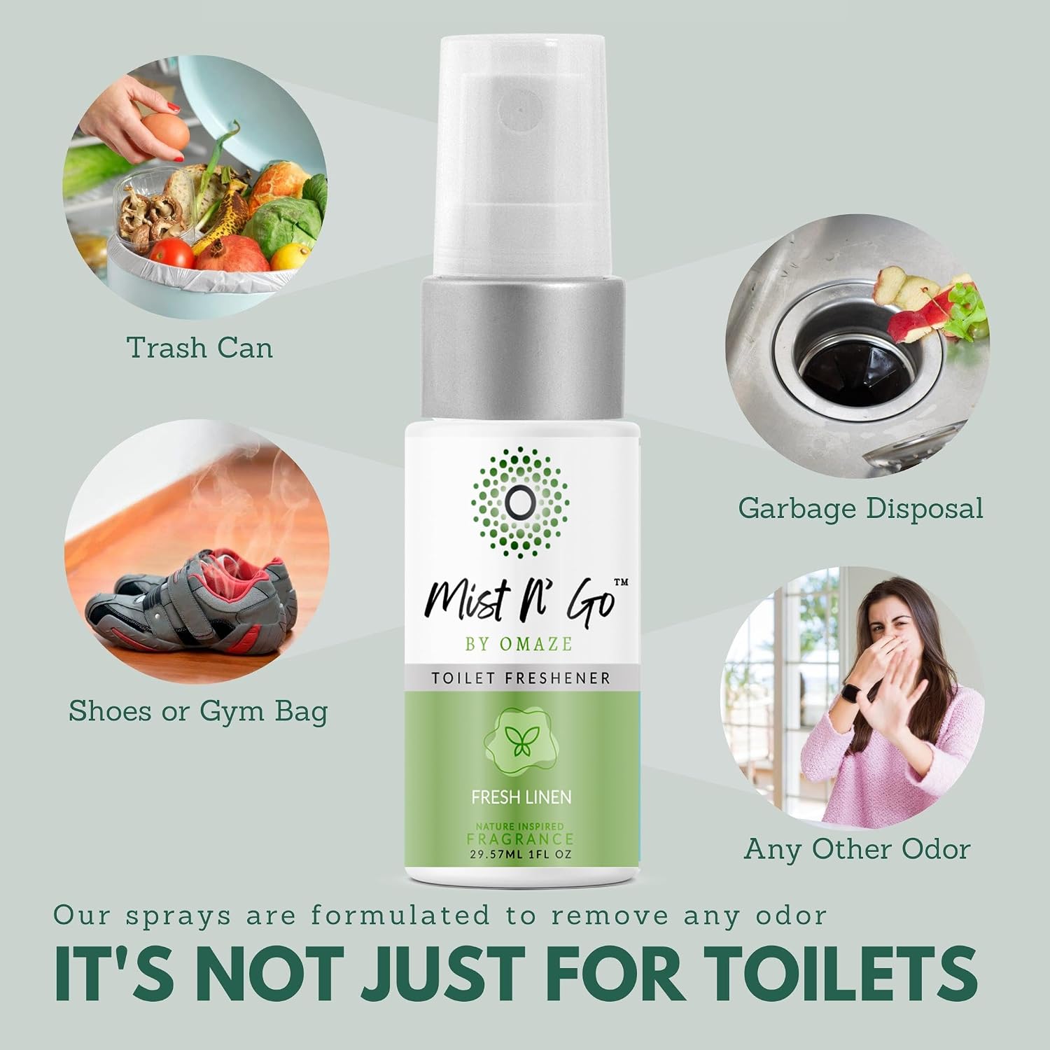 by Omaze Travel Bathroom Spray - Toilet Odor Eliminator & Air Freshener - Fresh Linen (1oz x5)
