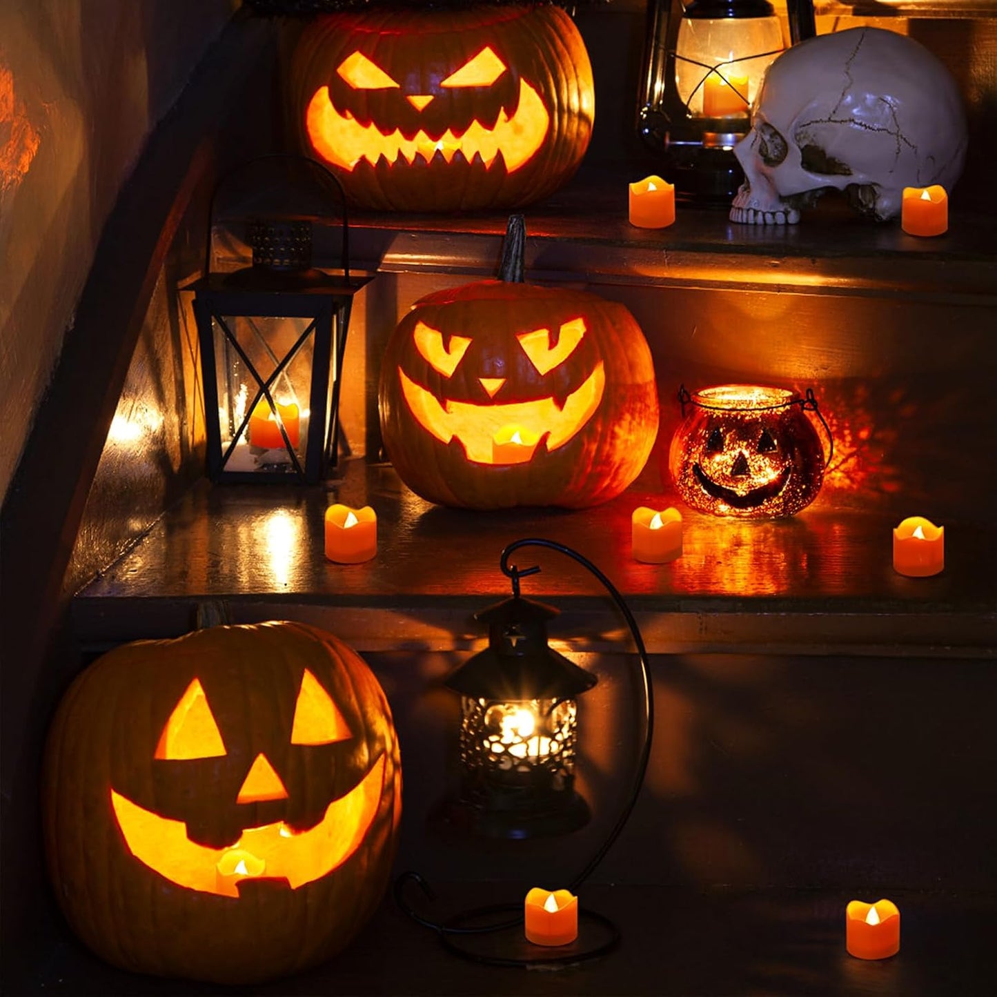 Topstone Halloween Orange Led Tealight with 4/6/8 H Timer,Remote Control Flameless Candle,Battery Powered Fake Candles,Electric Votive Candle,Pack of 12