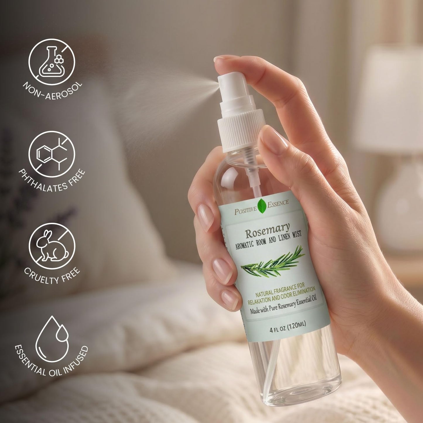 Rosemary Linen & Room Spray, Natural Aromatic Spray Made with 100% Pure Rosemary Essential Oil, Relaxing Home Fragrance (4.06 fl oz)