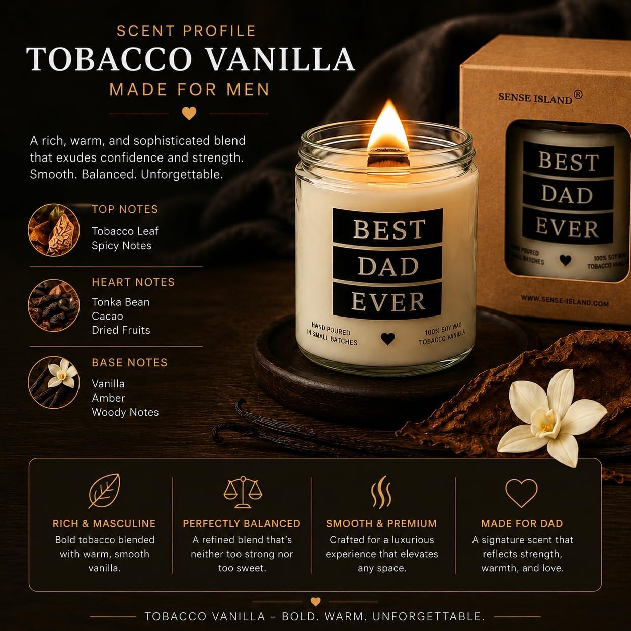 Best Dad Ever Candle, Tobacco Vanilla Scented Candle for Dad with Crackling Wood Wick, 100% Soy Wax Candle, Hand Poured Masculine Fragrance