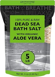 Aromasong 5 lbs Raw Dead Sea Salt with Organic Aloe Vera, not Cleaned, Still Contains All Dead sea Minerals Including Dead sea Mud, Fine Medium Grain Large resealable Bulk Pack (Packaging May Vary)