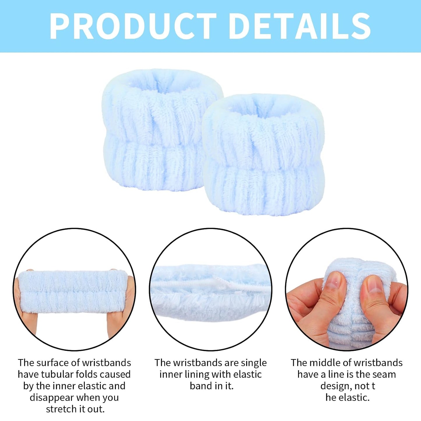 6Pcs Blue Spa Set, Skincare Wrist Washbands, Terry Cloth Headbands for Face Washing